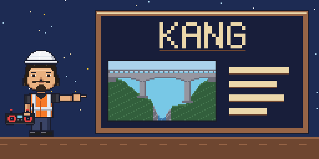KANG 像素橫幅：戴工程帽的 KANG 指向看板，無人機飛過山谷橋